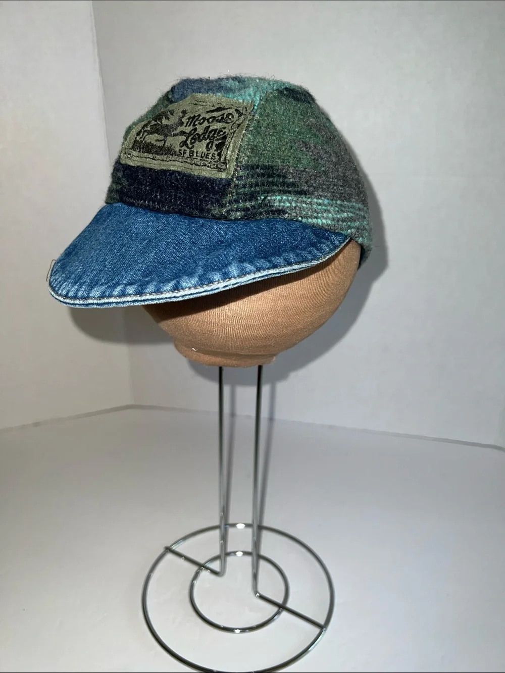 S F Blues Vintage Patchwork Wool and Denim Cap with Logo Patch - Green/Blue